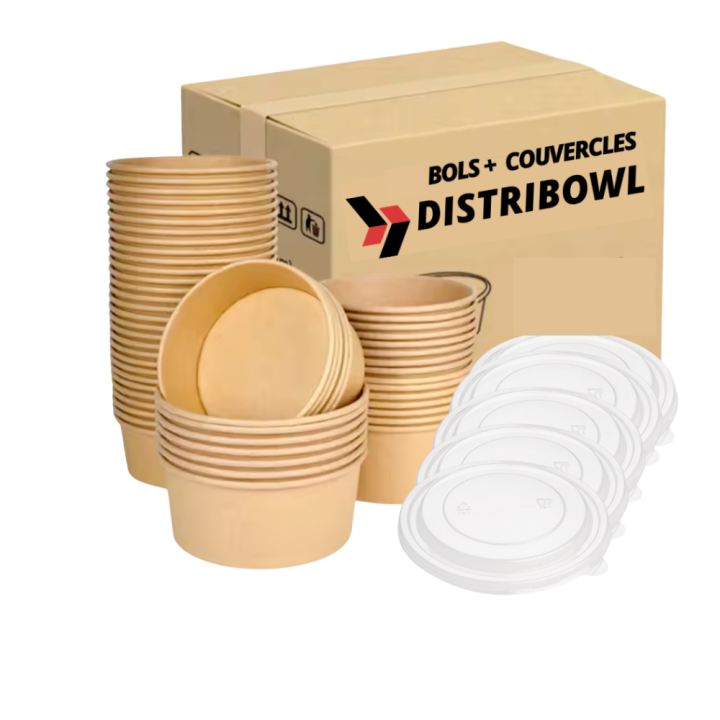 Cartone da 300 ciotole kraft 1100 ml con coperchi